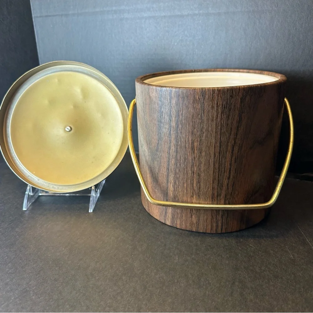 Vintage MCM Ice Bucket Faux Wood Grain Vinyl w/Lid Mid Century Barware 70s USA